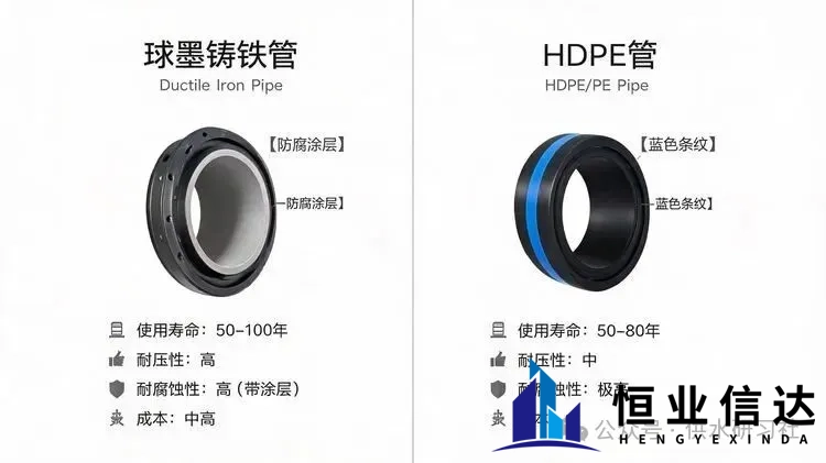球墨铸铁管与PE管对比
