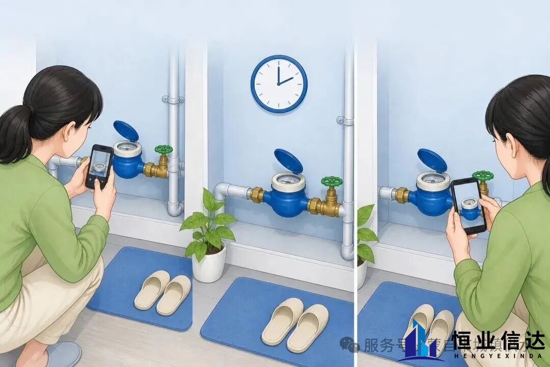 关闭所有用水点后,分两次拍摄水表进行比对